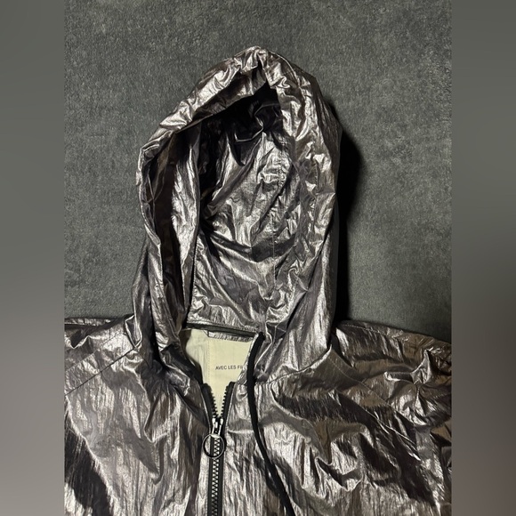 Avec Les Filles Metallic Silver Hooded Longline Rain Coat Trench Pockets Size S - Picture 6 of 8